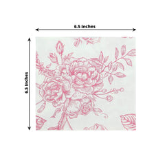 50 Pack 2-Ply Paper Beverage Napkins in Matte Pink and White French Toile Floral Pattern, Highly Absorbent Soft Disposable Cocktail Napkins