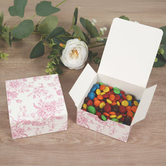 25 Pack Party Favors Boxes in French Toile Pattern, Matte Pink and White Candy Gift Boxes - Cardstock Paper - 4"x4"x2"
