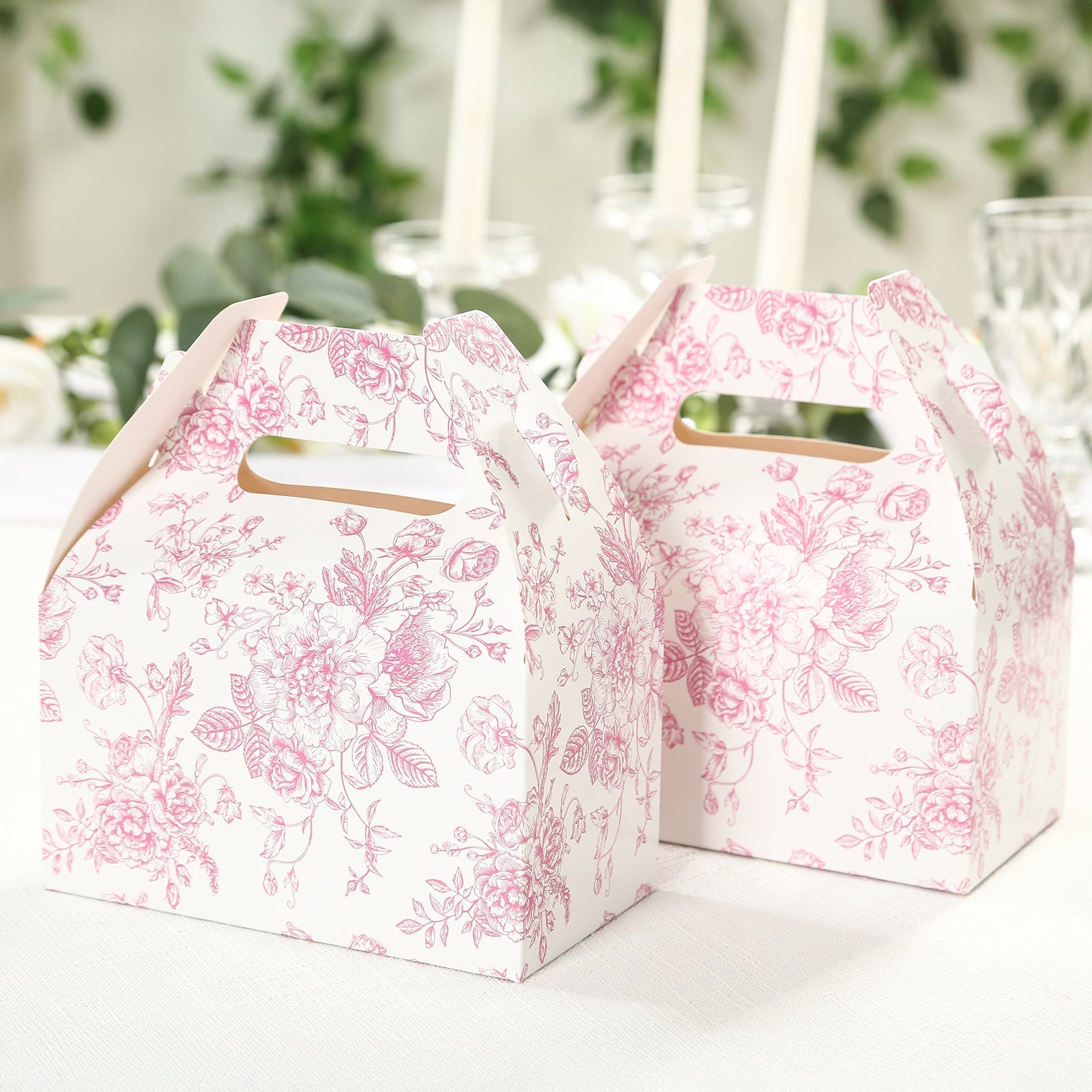 25 Pack Candy Treat Tote Boxes in French Toile Pattern - Matte Pink and White Party Favor Gable Boxes, Cardstock Paper - 6"x3.5"x7"