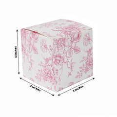 25 Pack Candy Treat Favor Boxes in French Toile Pattern - Matte Pink and White Party Gift Boxes, Cardstock Paper - 3"x3"