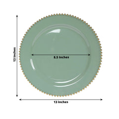 10-Pack Economy Round Plastic Charger Plates 13" in Dusty Sage Green with Gold Beaded Rim, Stylish Dinner Party Serving Plates