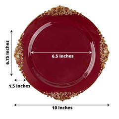 10-Pack Plastic 10" Round Dinner Plates in Burgundy with Gold Leaf Embossed Rim - Disposable Vintage Baroque Style Plates