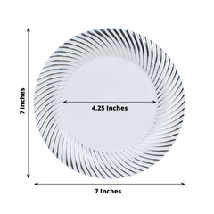 10-Pack Plastic 7" Round Dessert Plates in White with Silver Swirl Rim - Disposable Salad Plates