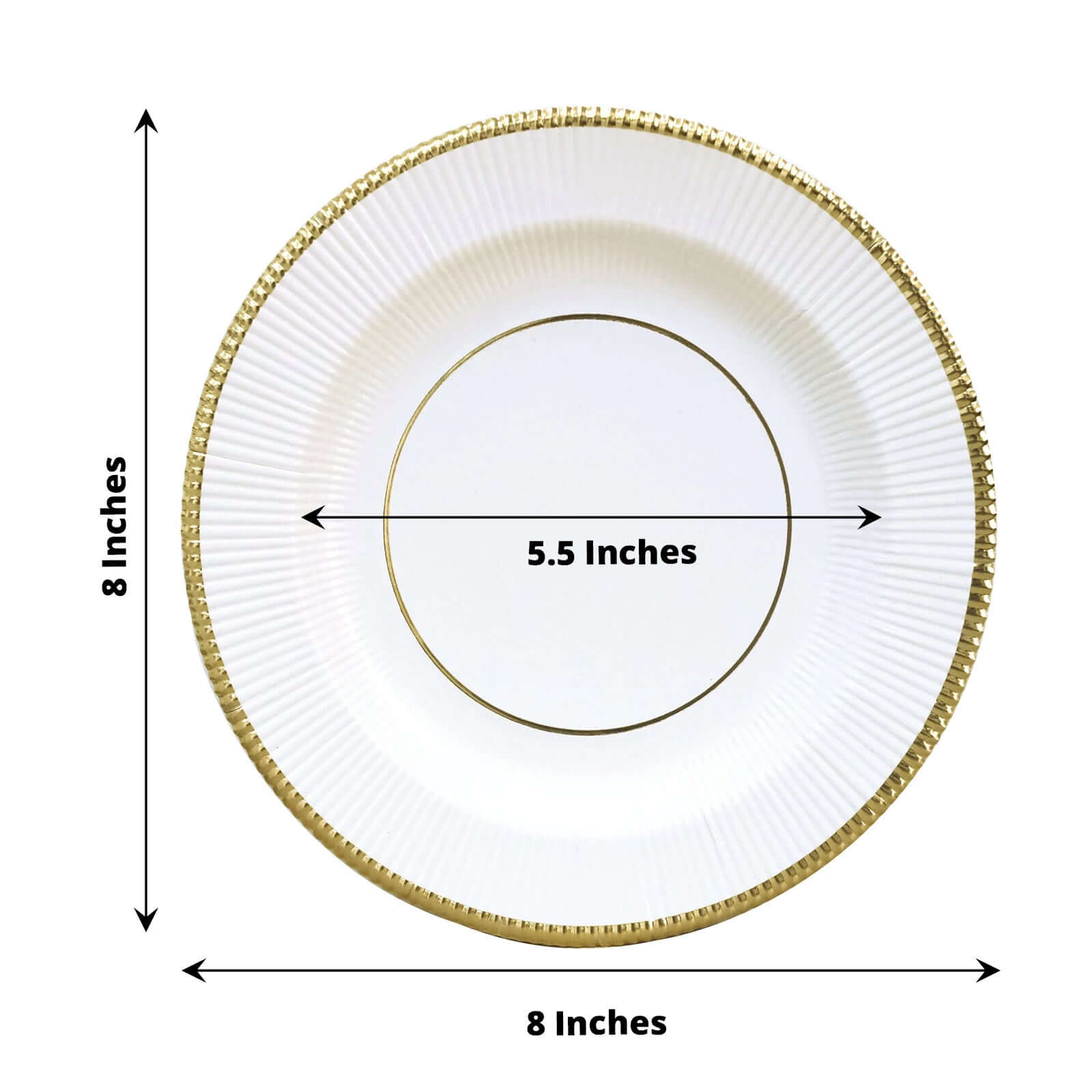 25-Pack Paper 8" Round Dessert Plates in White Sunray Design with Gold Rim - Disposable Heavy Duty 350GSM Appetizer Salad Plates for Banquets & Celebrations