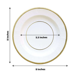 25-Pack Paper 8" Round Dessert Plates in White Sunray Design with Gold Rim - Disposable Heavy Duty 350GSM Appetizer Salad Plates for Banquets & Celebrations
