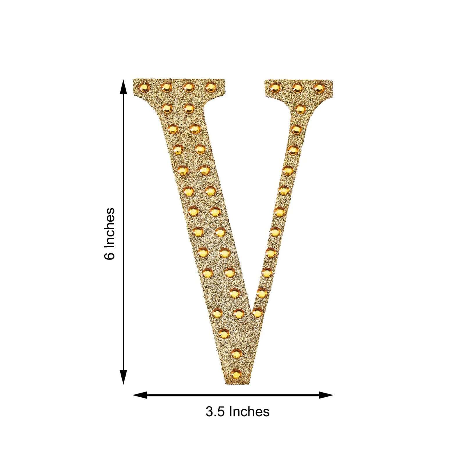 Decorative Rhinestone Alphabet "V" Letter Stickers, Glitter Adhesive Craft Letters Gold DIY Sparkle Embellishments 6"