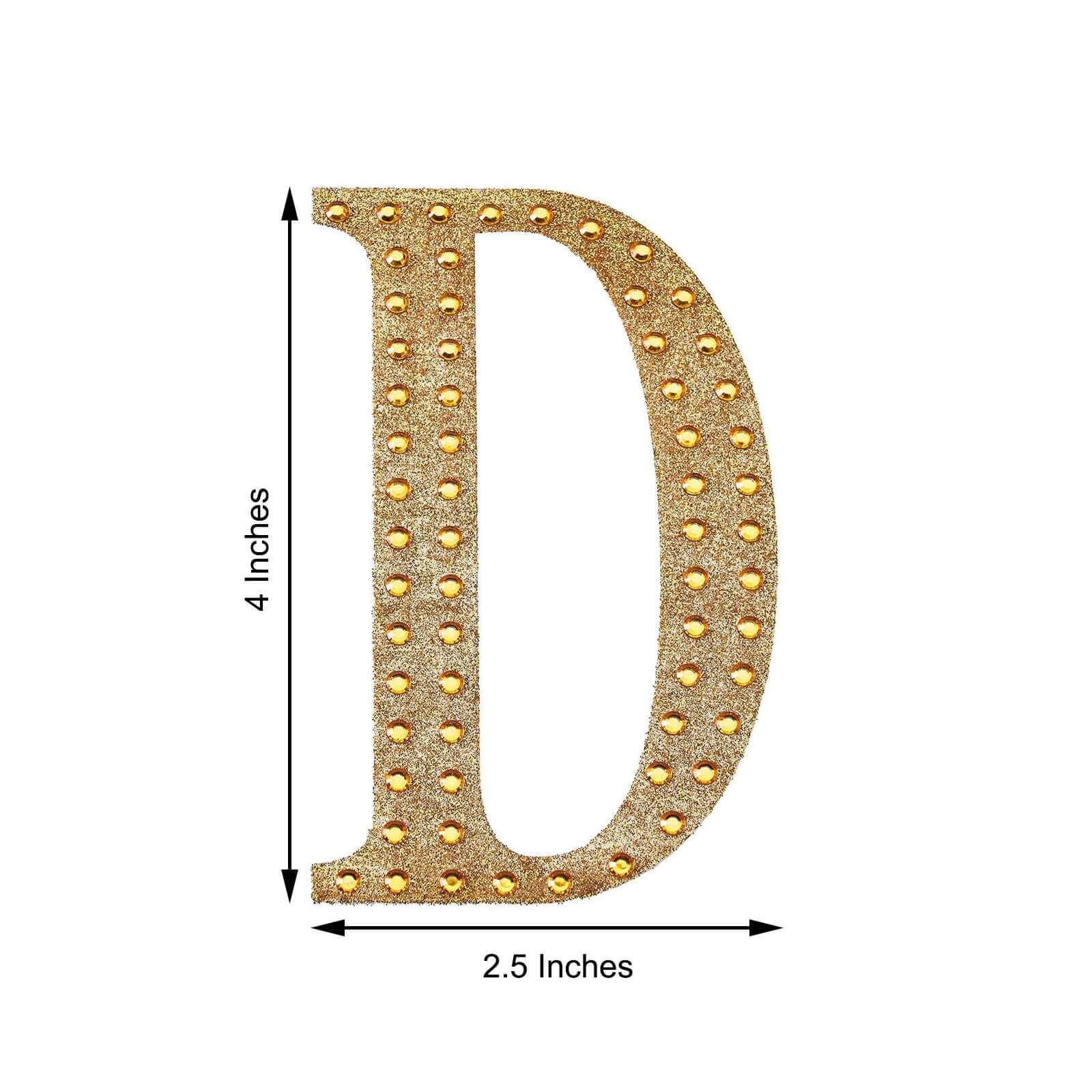 Decorative Rhinestone Alphabet "D" Letter Stickers, Glitter Adhesive Craft Letters Gold DIY Sparkle Embellishments 4"