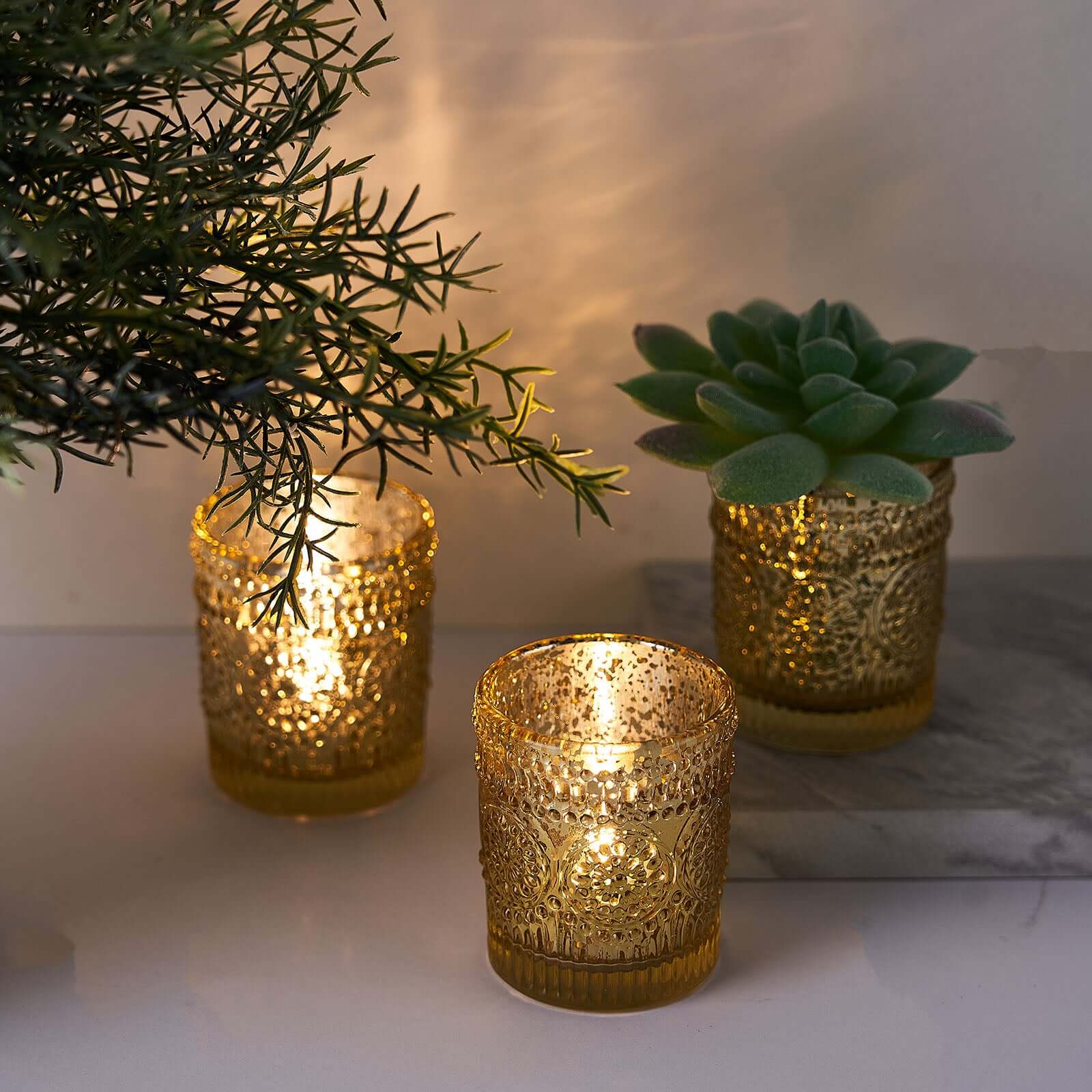 6-Pack Gold Glass Votive Tealight Holders - Stylish Primrose Design for Weddings & Décor