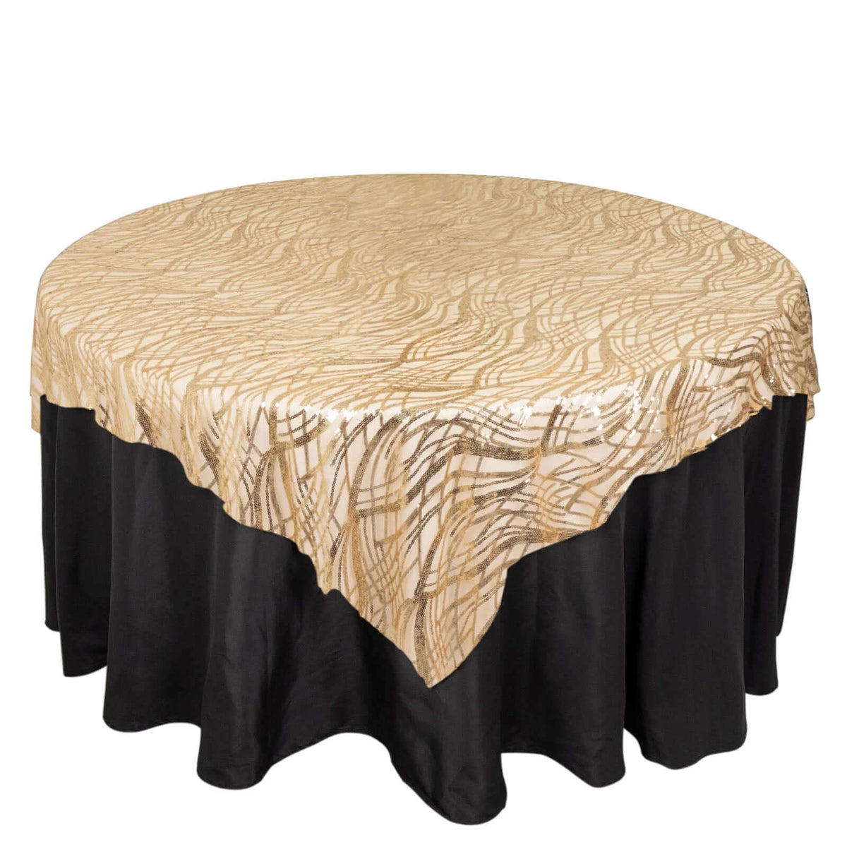 Mesh 72"x72" Table Overlay Square Tablecloth Champagne - Wave Embroidered Sequins Table Topper