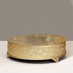 Metal 18" Round Cake Pedestal Stand Matte Gold - Cupcake Dessert Display Riser with Intricate Embossed Design for Upscale Events & Gatherings