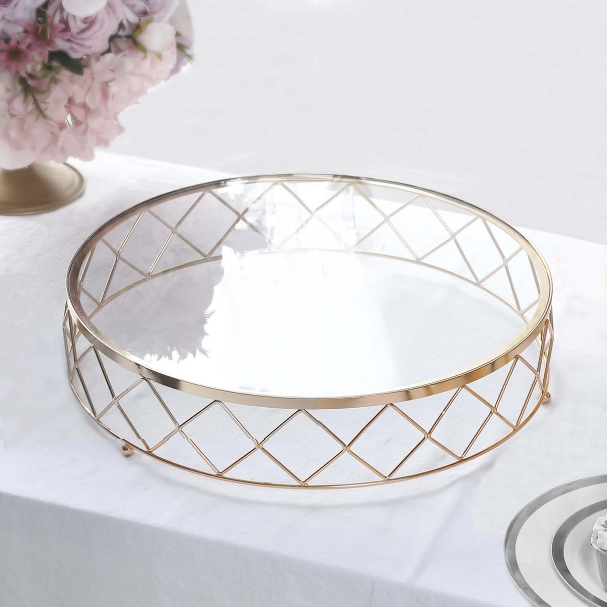 Metal Cake Stand Geometric Diamond Cut Design Gold with Glass Top - Dessert Display Riser 14"