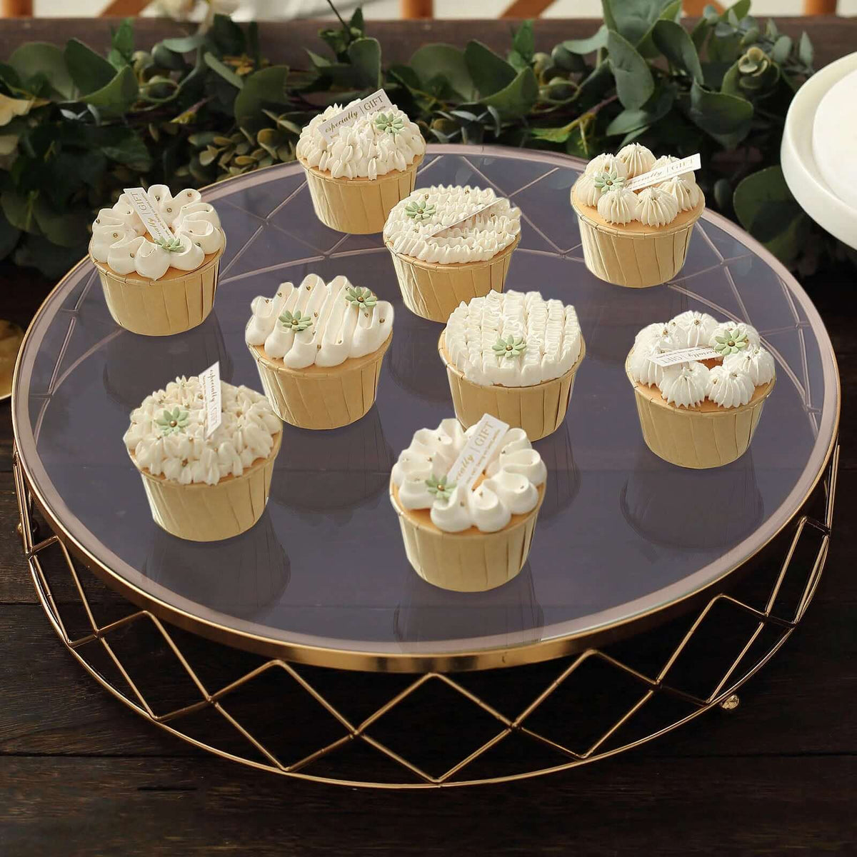 Metal Cake Stand Geometric Diamond Cut Design Gold with Glass Top - Dessert Display Riser 16"