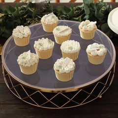 Metal Cake Stand Geometric Diamond Cut Design Gold with Glass Top - Dessert Display Riser 16"