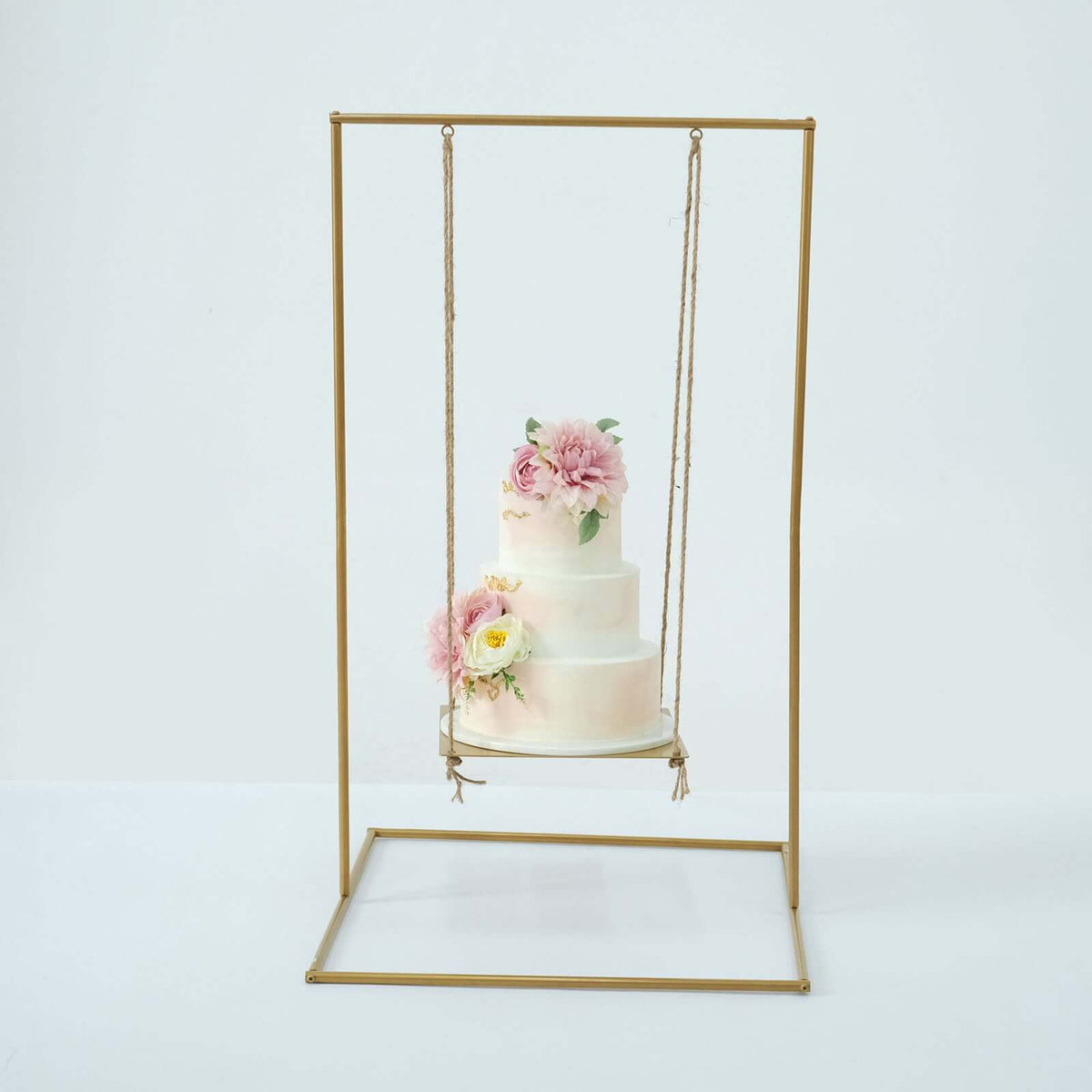 Metal Cake Swing Stand with Jute Rope Gold - Chic Hanging Dessert Display Centerpiece for Upscale Event Table Decor 3ft Tall