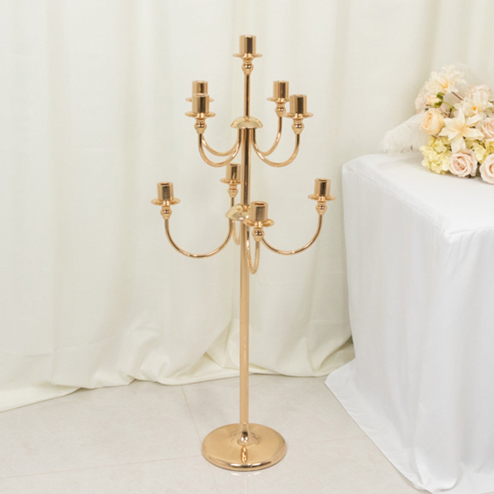 Metal Floor Candelabra Candle Holder, 9-Arm Vintage Taper Stand Gold Table Centerpiece for Weddings & Parties 46" Tall