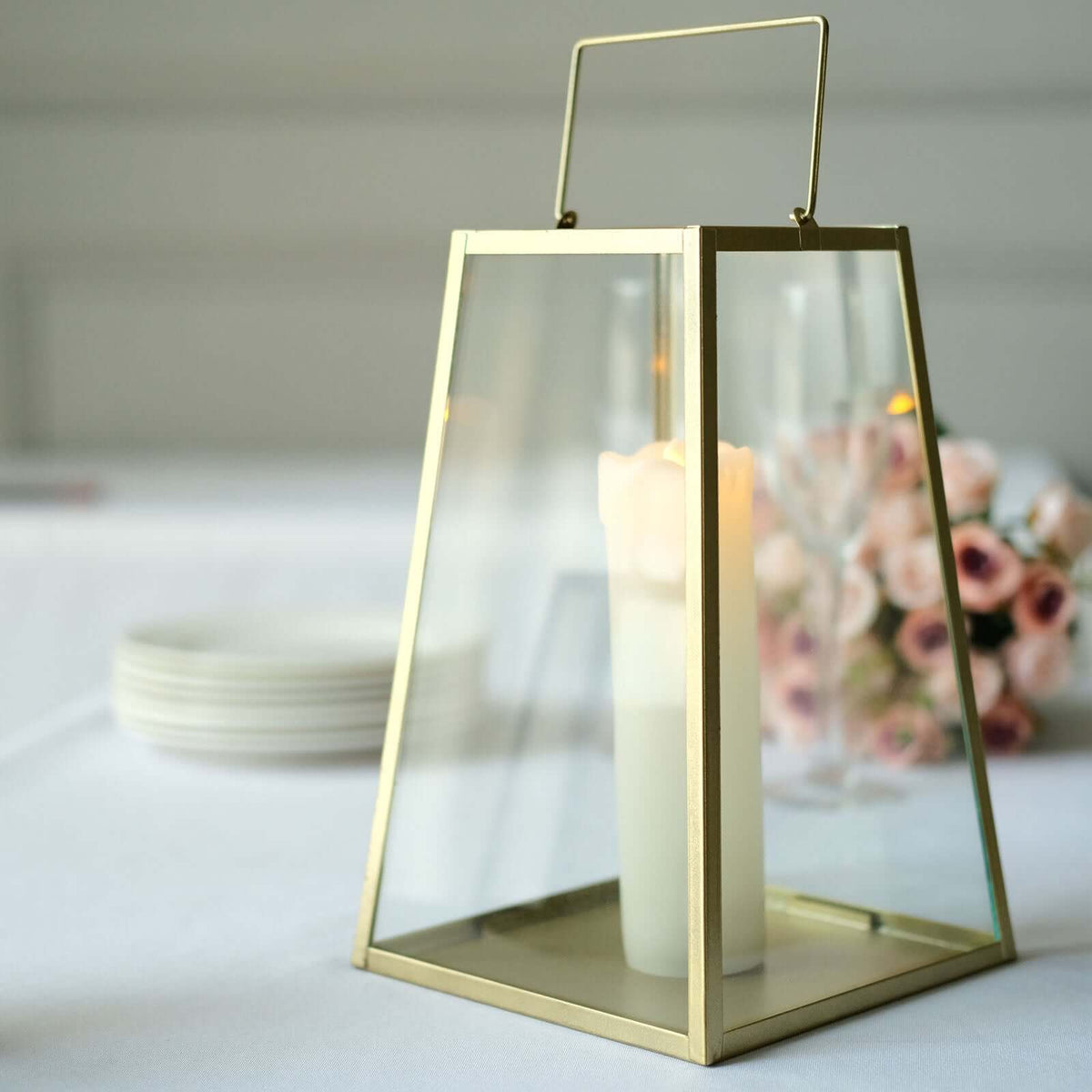 Metal Candle Lantern Trapezoid Geometric Design Gold - Hanging Terrarium Table Centerpiece for Indoor/Outdoor 10"