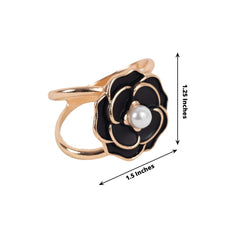 10 Pack Metal Chair Sash Pin Buckles Black 3D Rose Shaped - Stylish Pearl Floral Napkin Rings with Gold Rim