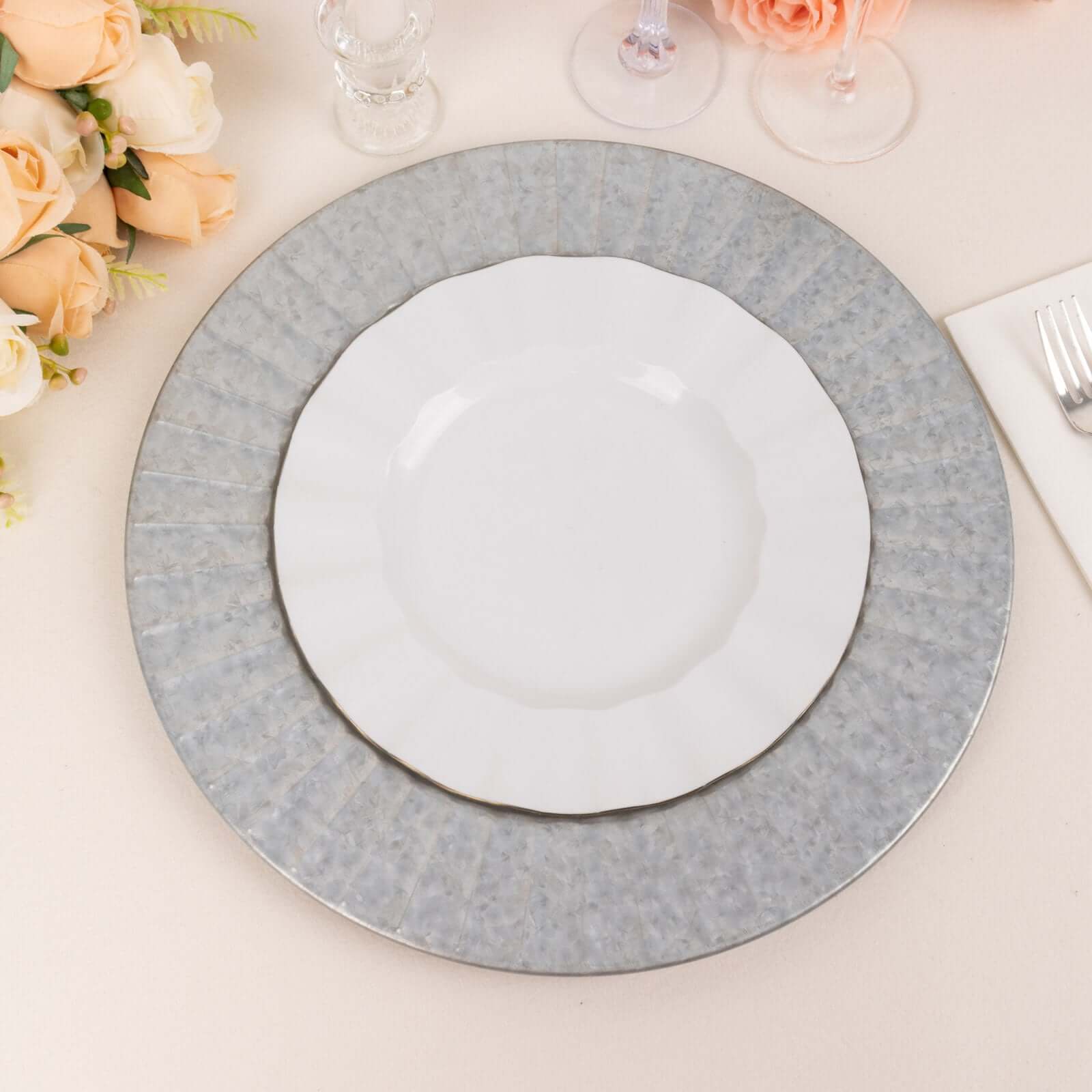 4-Pack Metal Round Charger Plates 13" in Silver with Galvanized Ruffled Rim, Contemporary Charger Tableware