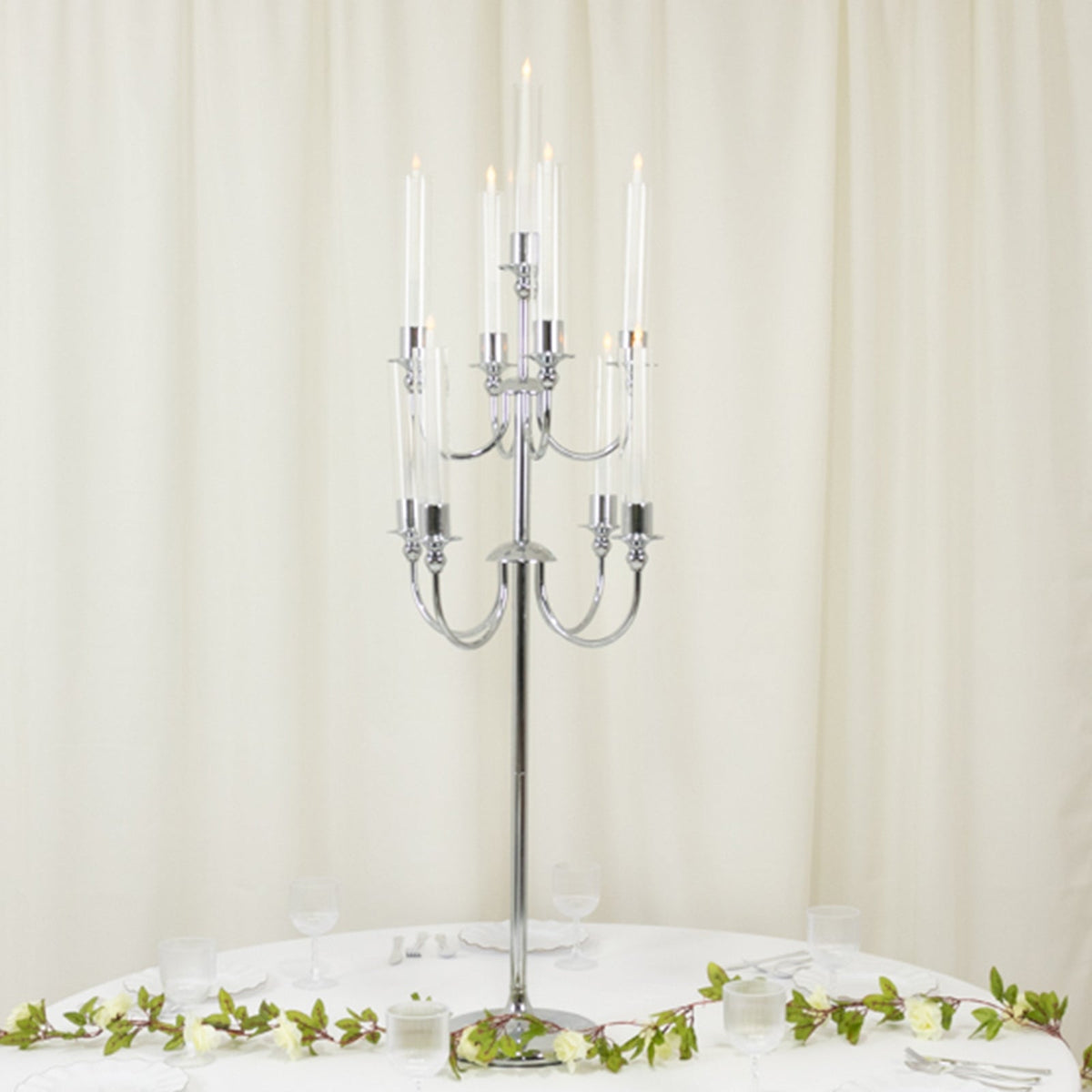 Metal Floor Candelabra Candle Holder, 9-Arm Vintage Taper Stand Silver Table Centerpiece for Weddings & Parties 46" Tall