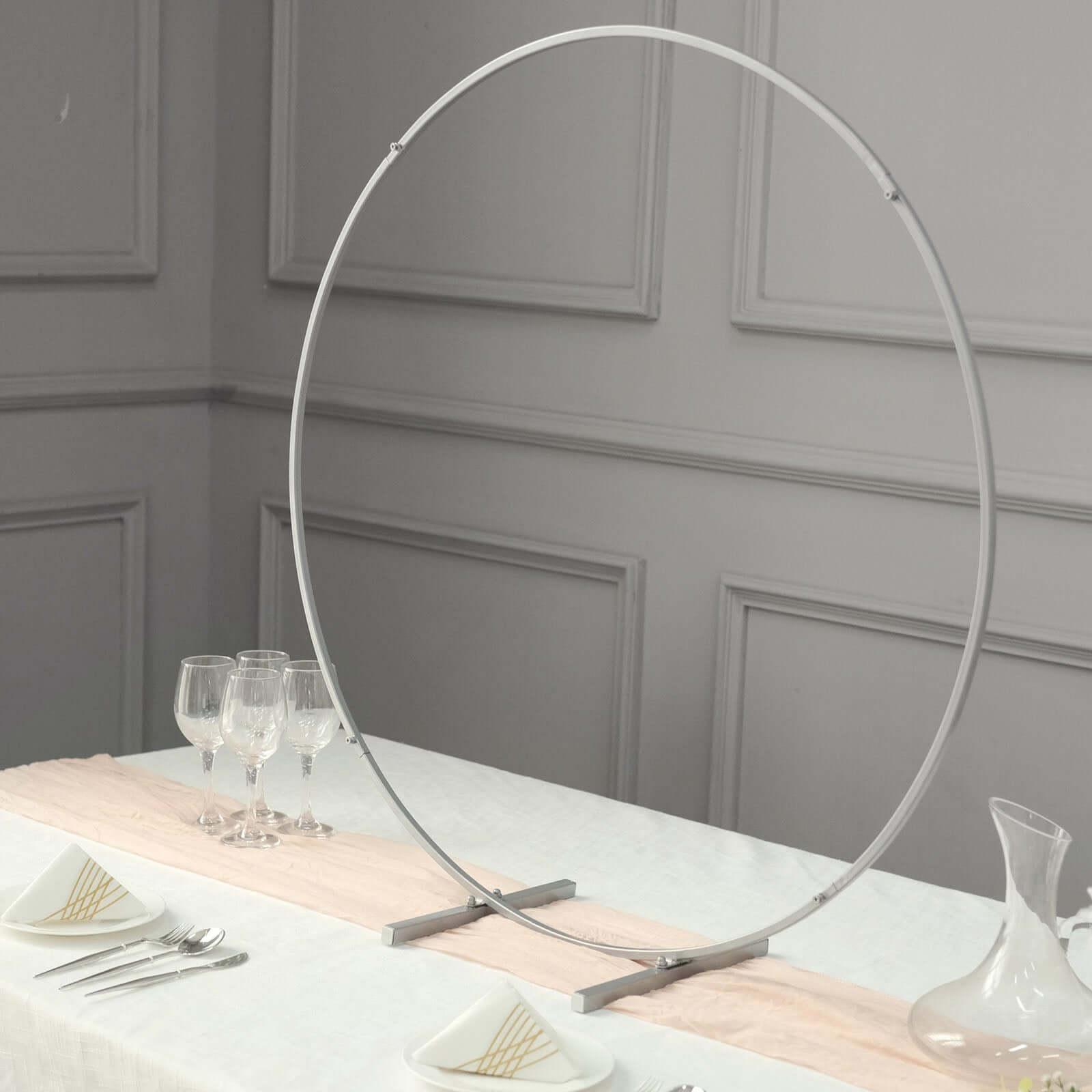 Round Wedding Hoop Table Centerpiece Metal Silver - Self-Standing Floral Wreath Frame for Events 36"