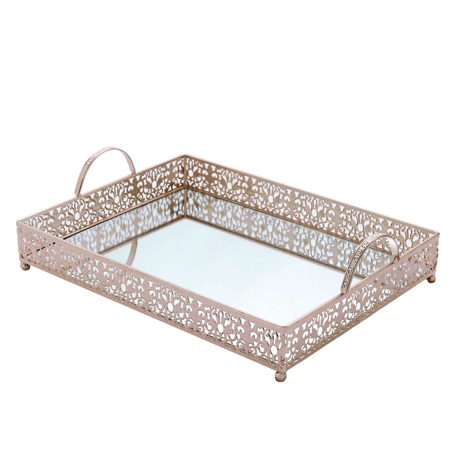 Metal Mirrored Rectangle Serving Tray 16"x12" in Rose Gold Fleur De Lis Design with Handles, French Inspired Decorative Vanity Tray Centerpiece
