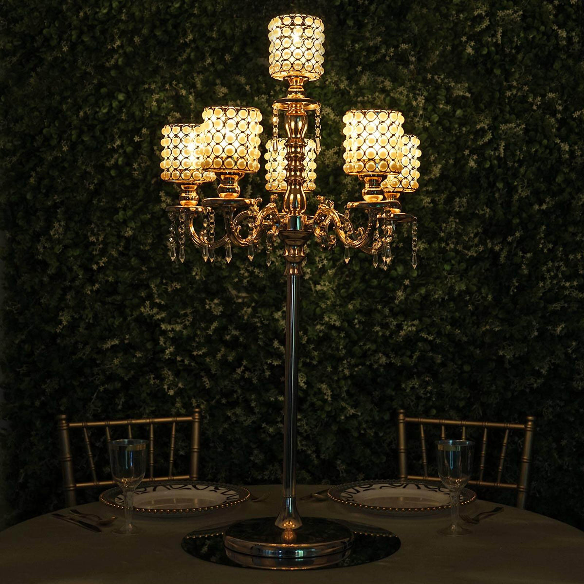 Metal Pearl Beaded Candelabra in Gold 6-Arm - Stylish Table Centerpiece with Crystal Chandelier Pendants
