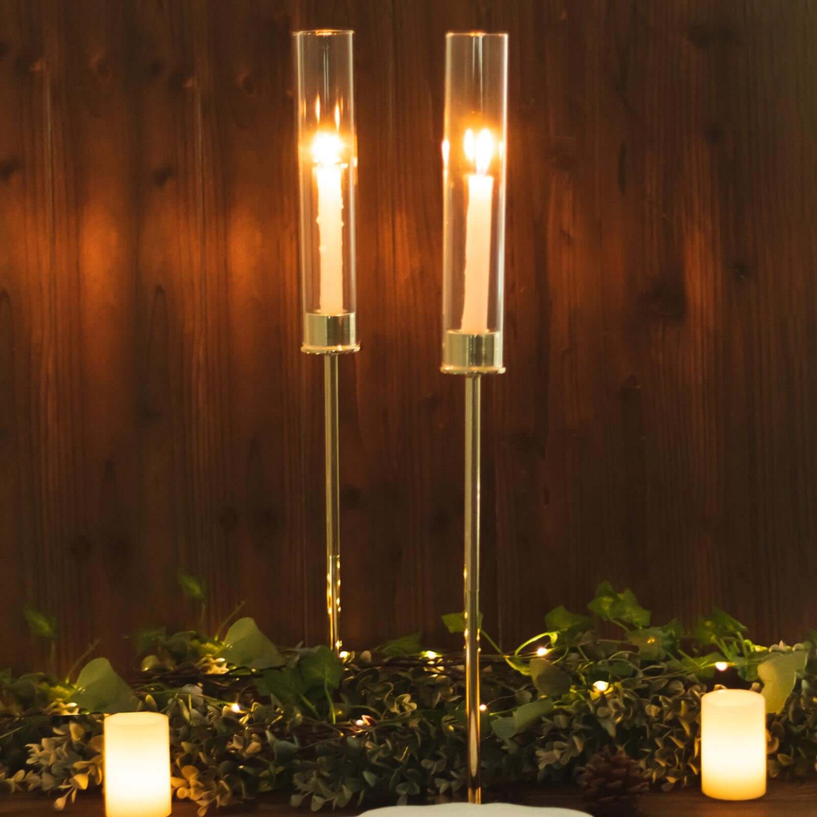 2-Pack Gold Metal Taper Candlestick Holders, Clear Glass Hurricane Candle Stands With Chimney Candle Shades 24"