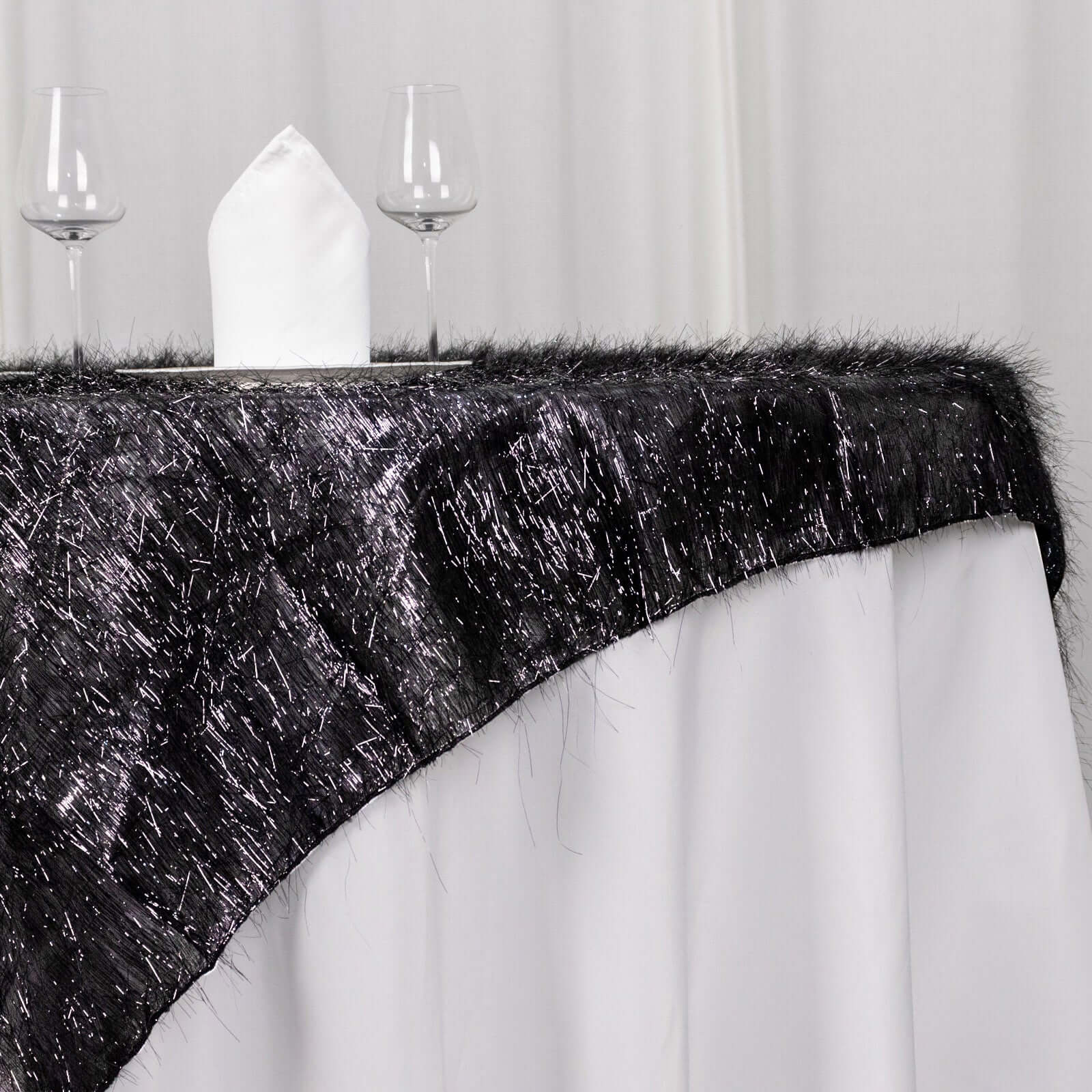 Polyester 72"x72" Table Overlay Square Tablecloth Black - Metallic Fringe Shag Tinsel Table Cover