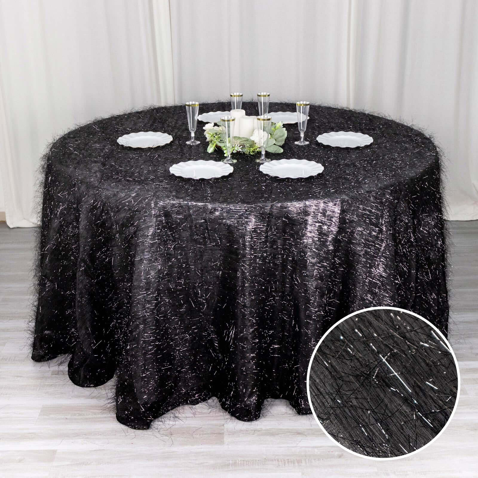 Polyester 120" Round Black Tablecloth Metallic Fringe Shag Tinsel Table Cover