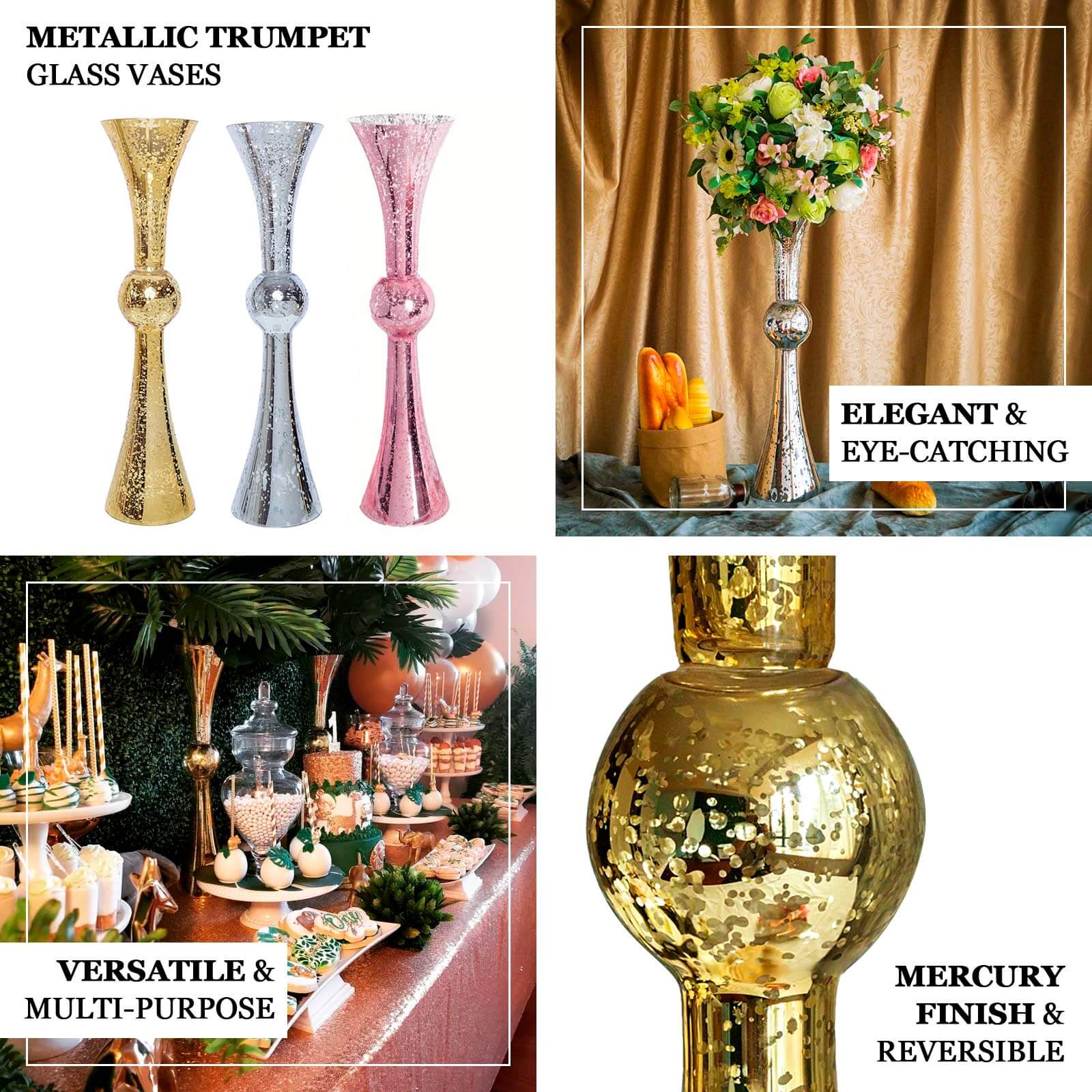 4-Pack Glass Trumpet Vases Reversible Latour Design Clear - Classy Wedding Table Flower Centerpieces 24"