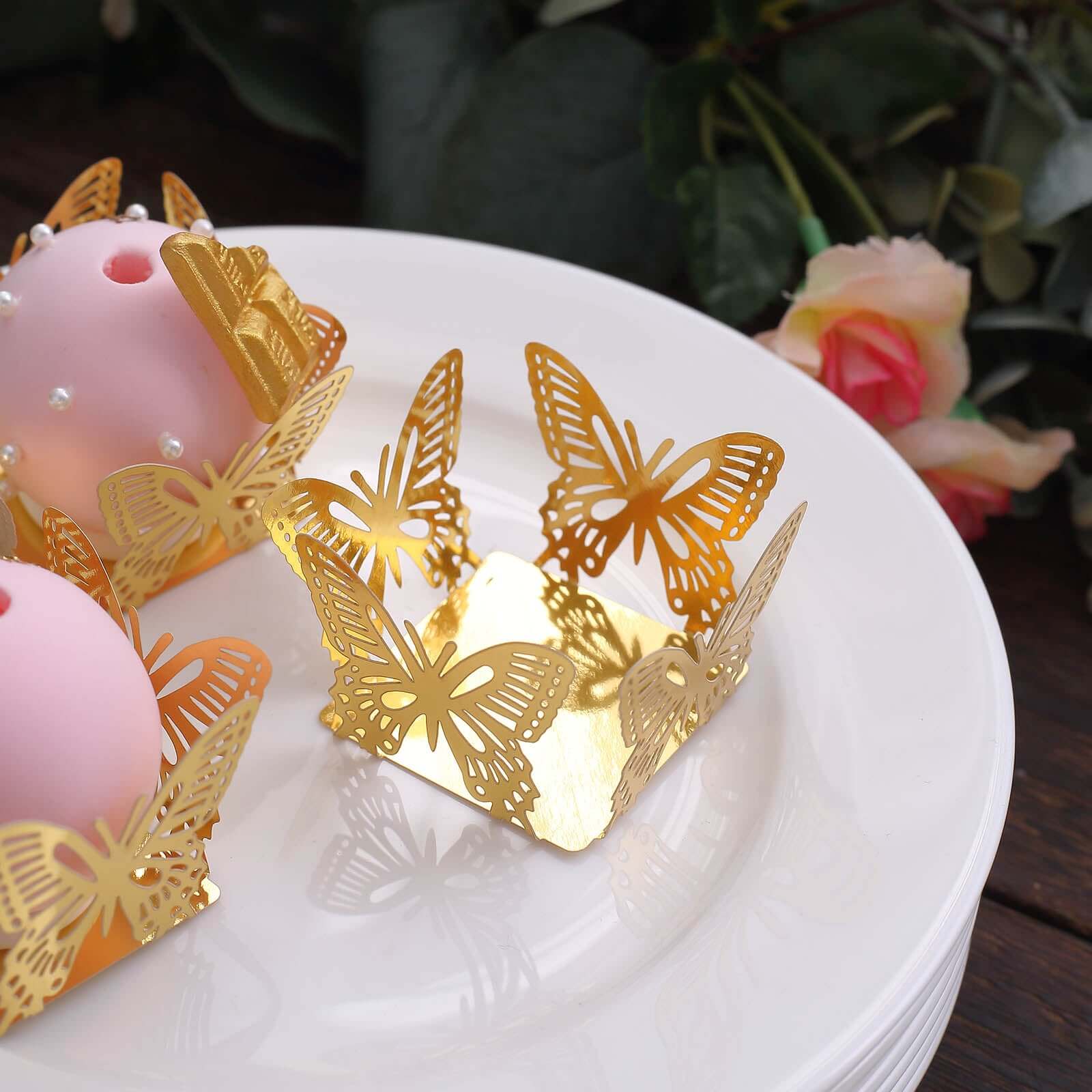 50-Pack Mini Paper Truffle Cup Liners Butterfly Square Design Metallic Gold - 225GSM Cupcake Tray Wrappers 4"