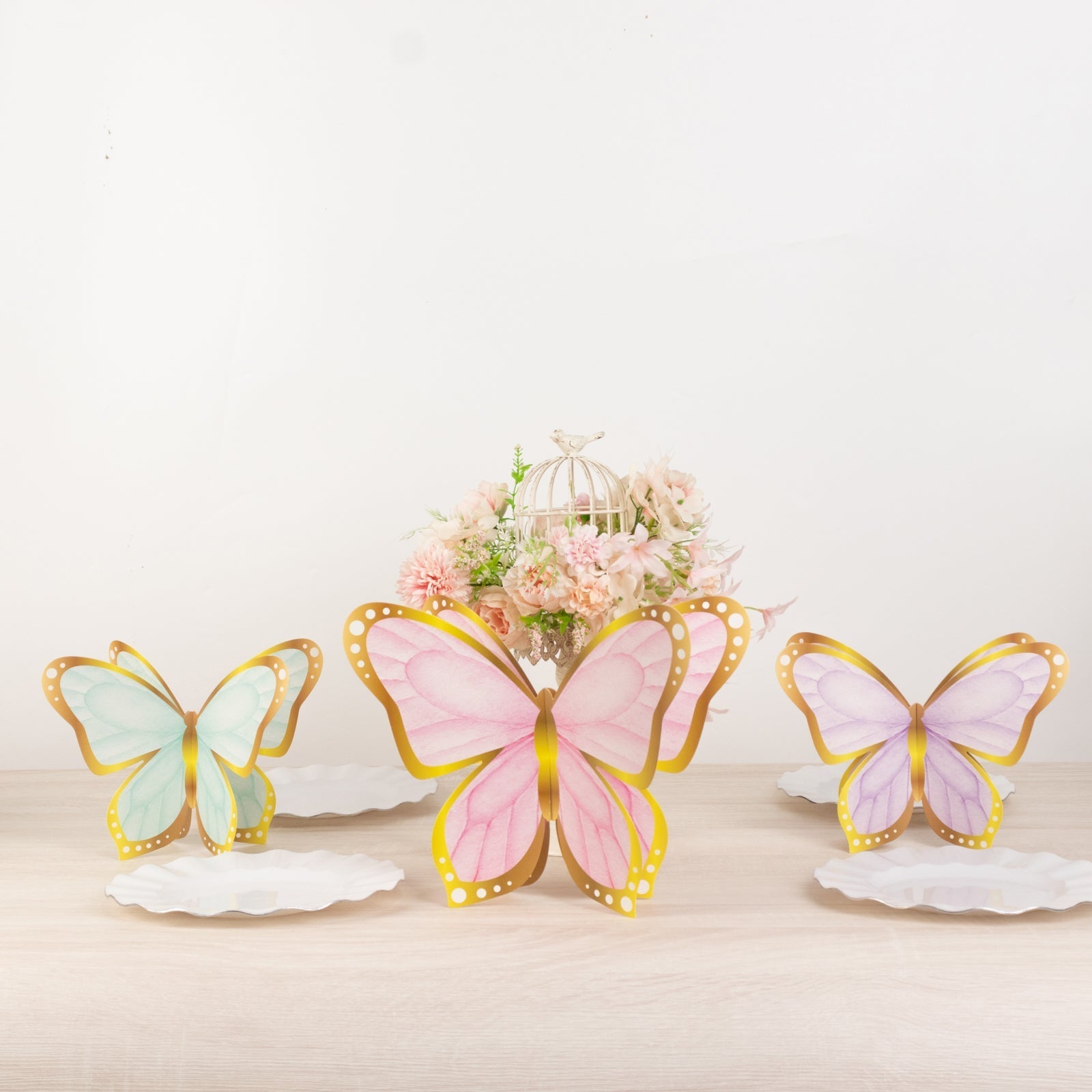 12 Pcs Cardstock Paper 3D Butterfly Table Centerpieces, Metallic Gold Foil Accents Pastel Color Party Decorations 10", 12"