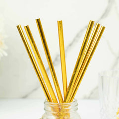50-Pack Paper Drinking Straws Metallic Gold Foil Food Grade - Disposable Biodegradable Straws for Events 8"