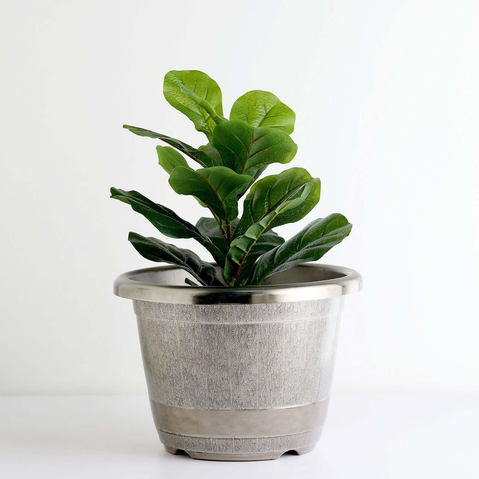 14" Silver Chrome Finished Rim Large Barrel Planter Pot, Indoor Outdoor Decorative Flower Pot