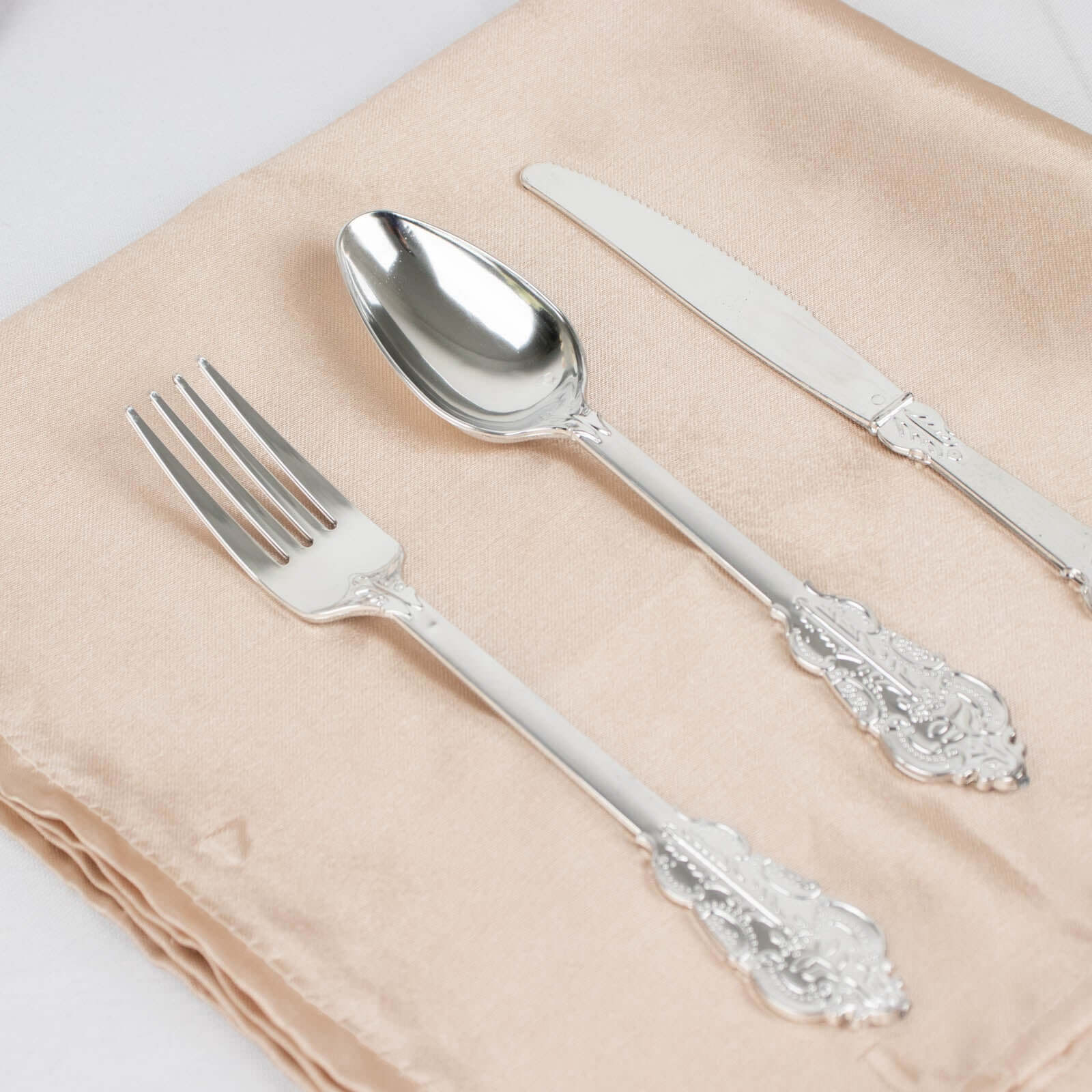 24 Pcs Plastic Silverware Set in Baroque Style Metallic Silver - Heavy Duty Disposable Knife, Fork, and Spoon Set