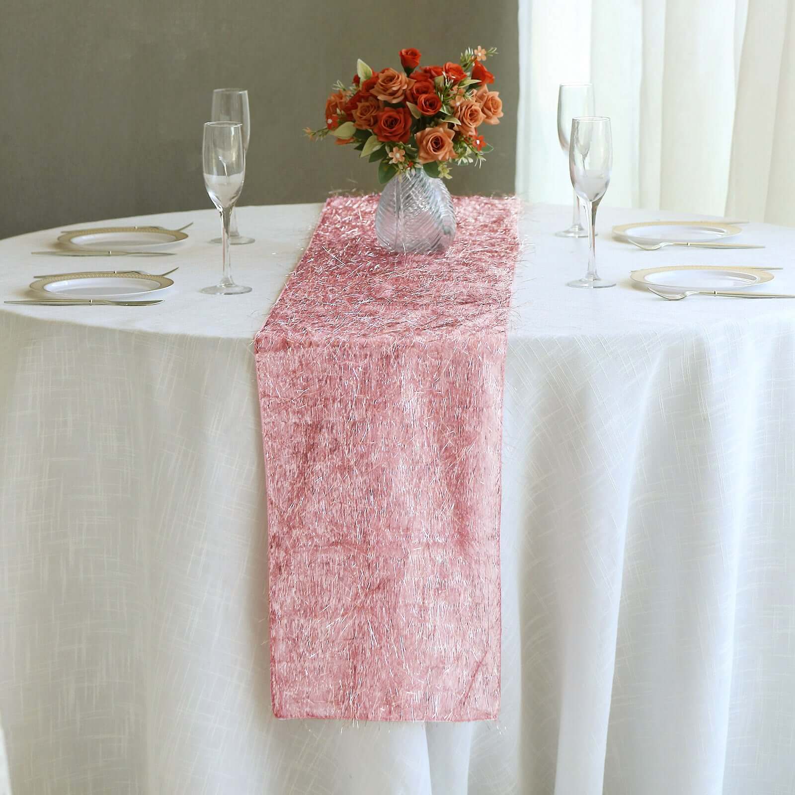 Metallic Tinsel Polyester 12"x108" Table Runner Rose Gold - Shimmery Fringe Shag Table Decor