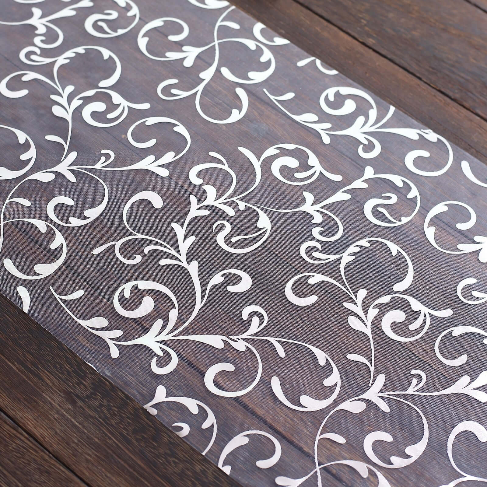 Sheer Organza 12"x108" Table Runner Roll Metallic Silver Foil Embossed Floral Design - Stylish Event Decoration
