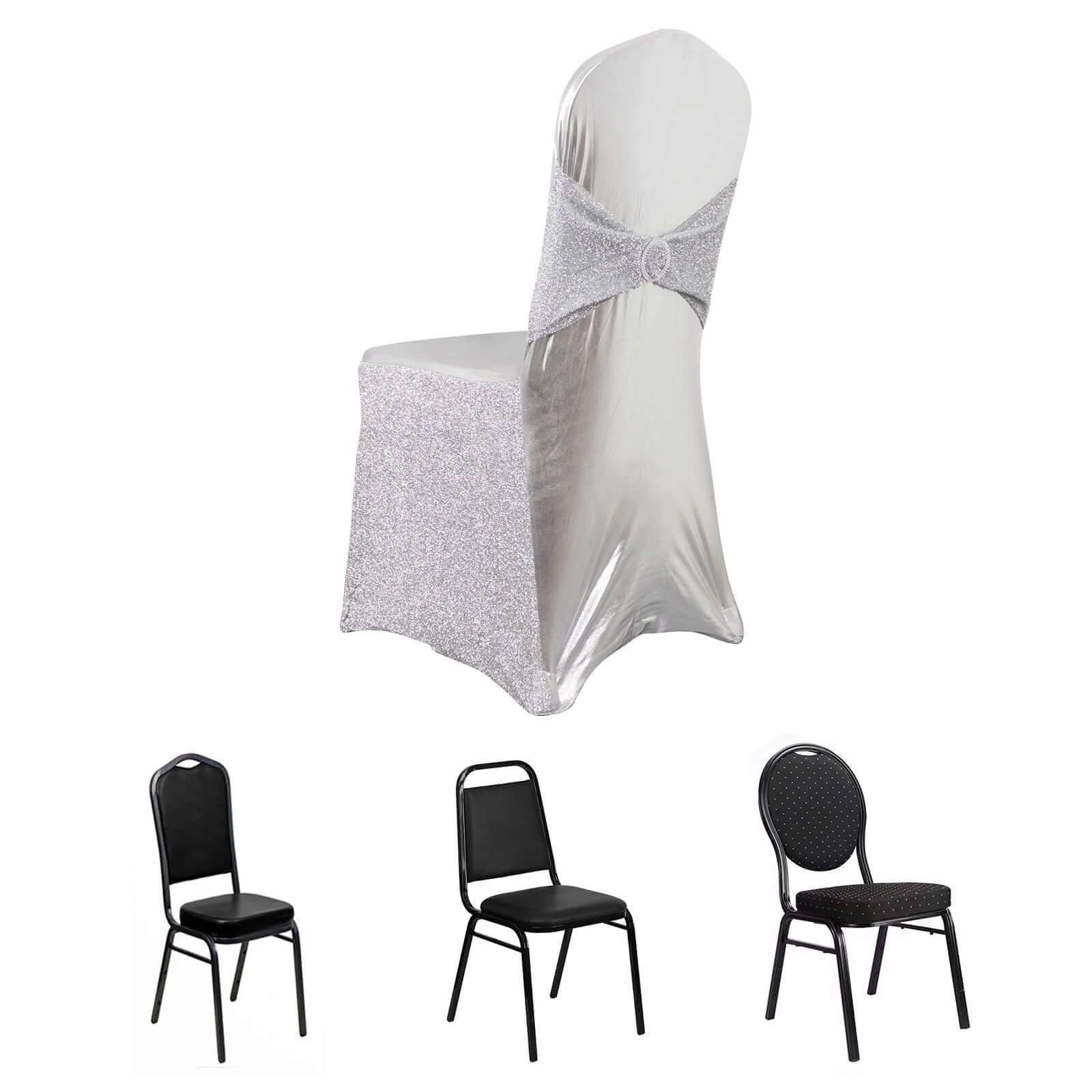 Spandex Banquet Chair Cover Metallic Silver Tinsel with Sash and Rhinestone Buckle - Shimmering Fitted Slipcover