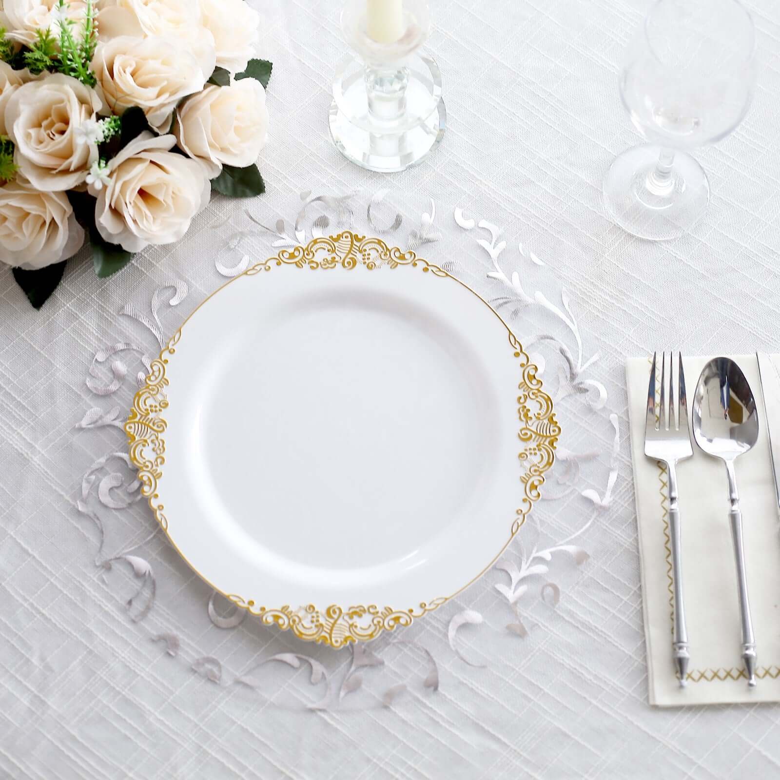 10-Pack Table Placemats Embossed Foil Flower Design Metallic Silver Round - Sheer Organza Disposable Mats 13"