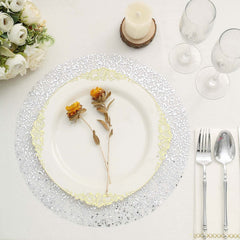 10-Pack Table Placemats Sequin Design Metallic Silver Round - Mesh Disposable Dust-Free Dining Mats 13"