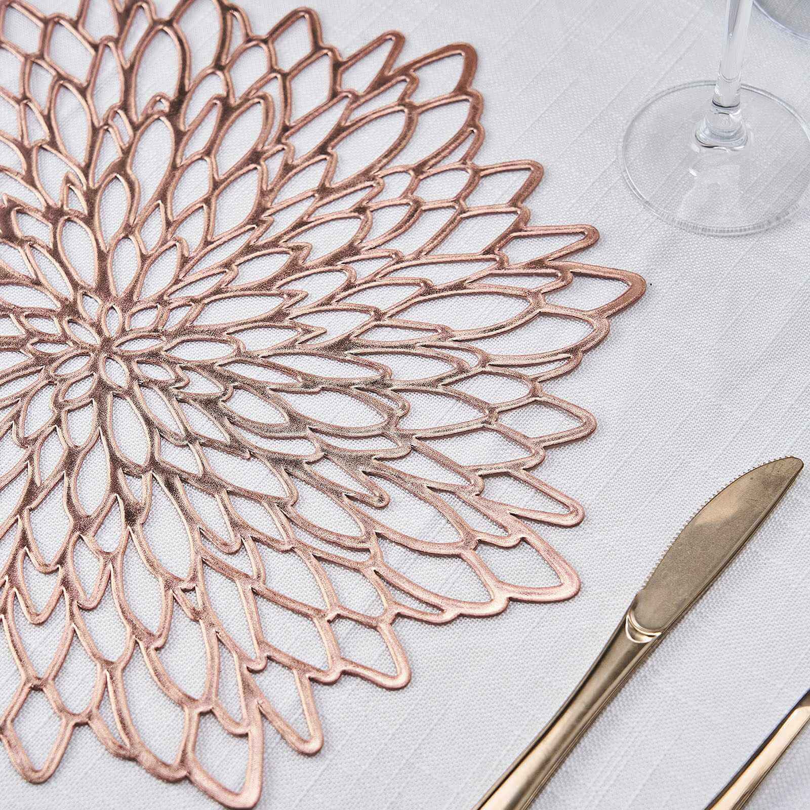 6-Pack Dining Table Mats Floral Design Rose Gold - Metallic Vinyl Round Non-Slip Mats for Tables 15"