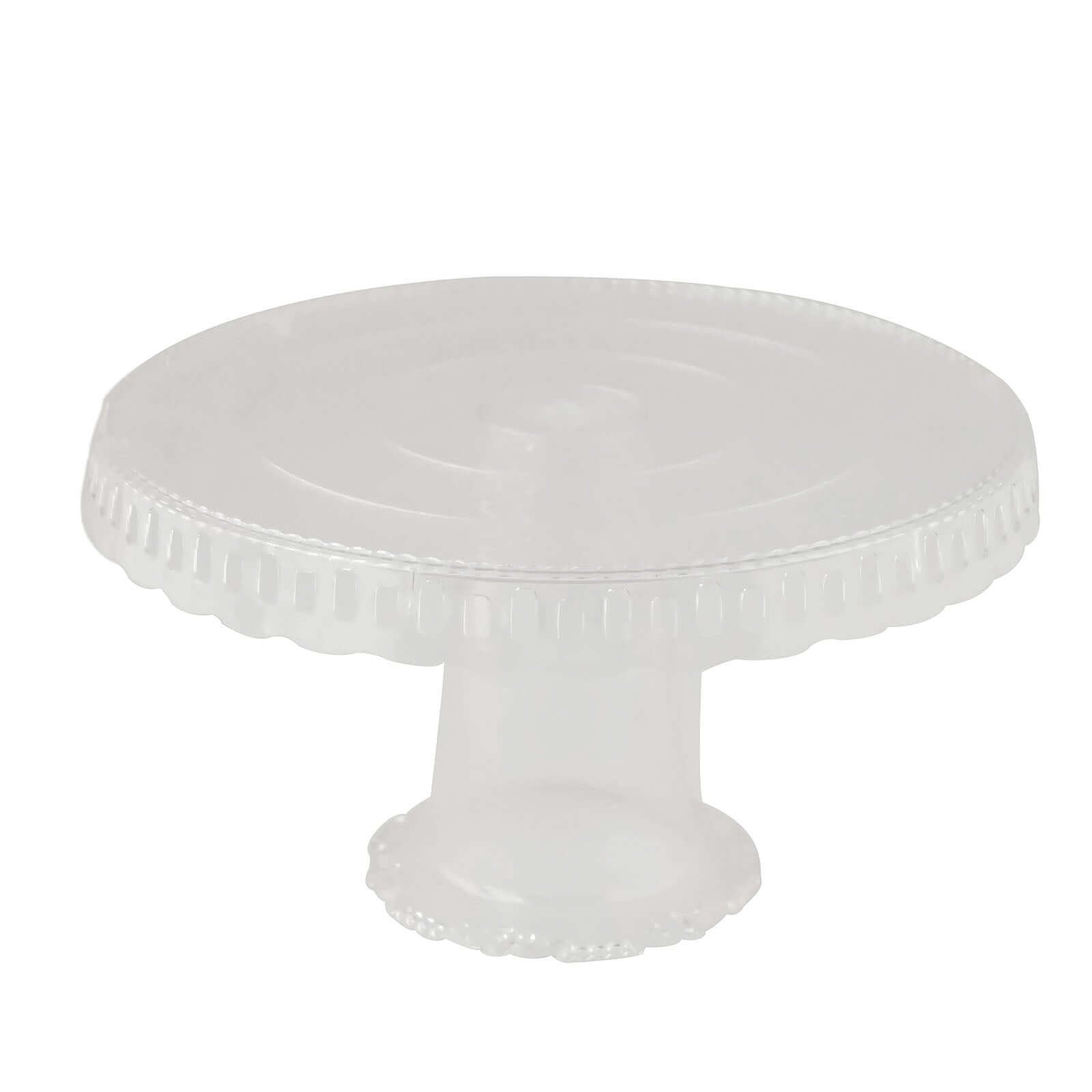 4-Pack Plastic Round Pedestal Cake Stands Clear - Reusable Cupcake Pastry Display Risers with Hollow Ribbon Trim Edges for Stylish Dessert Presentation 13"