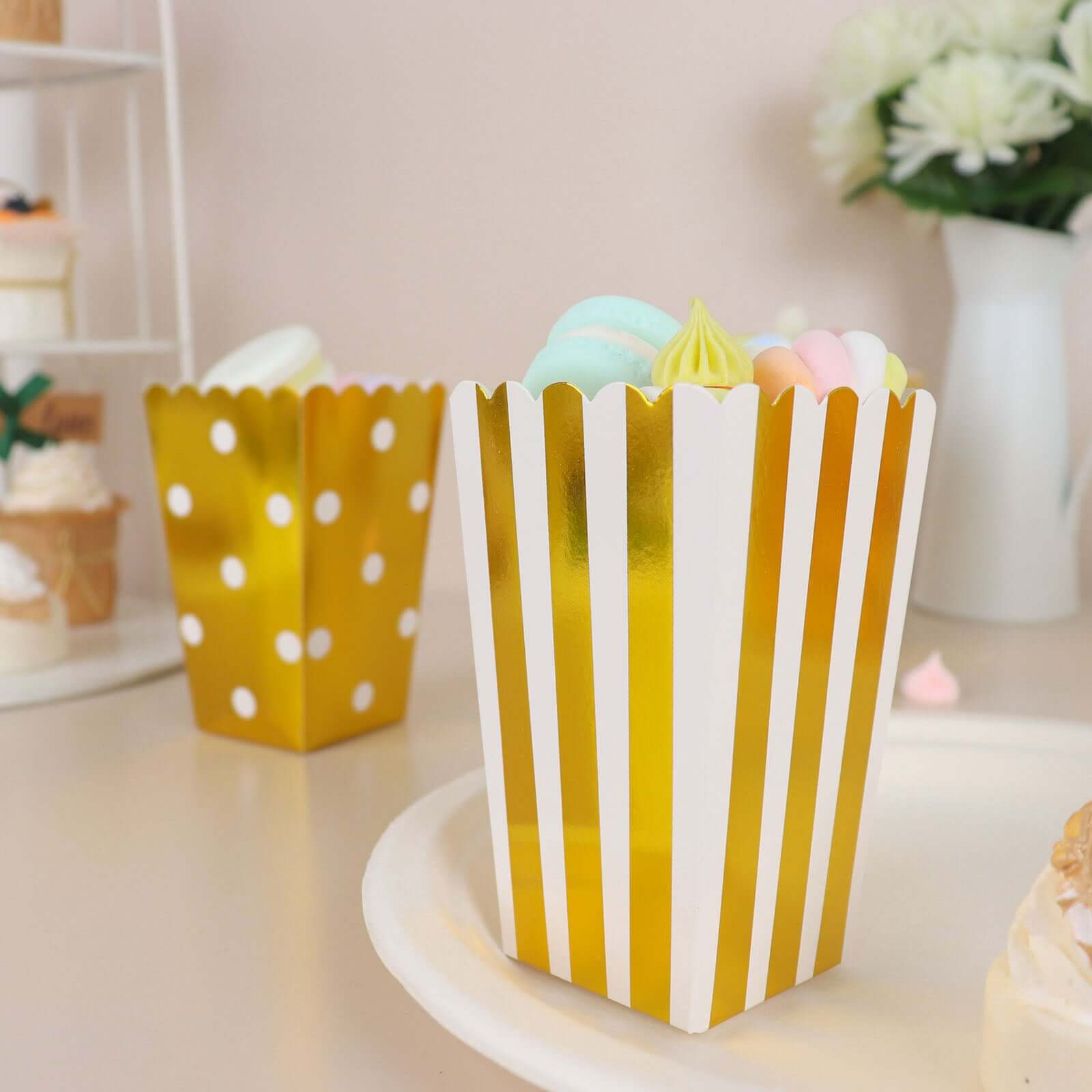 36 Pack 5" White Gold Design Mini Paper Popcorn Boxes, Candy Favor Disposable Bags - Stripe, Polka Dot, Solid Style