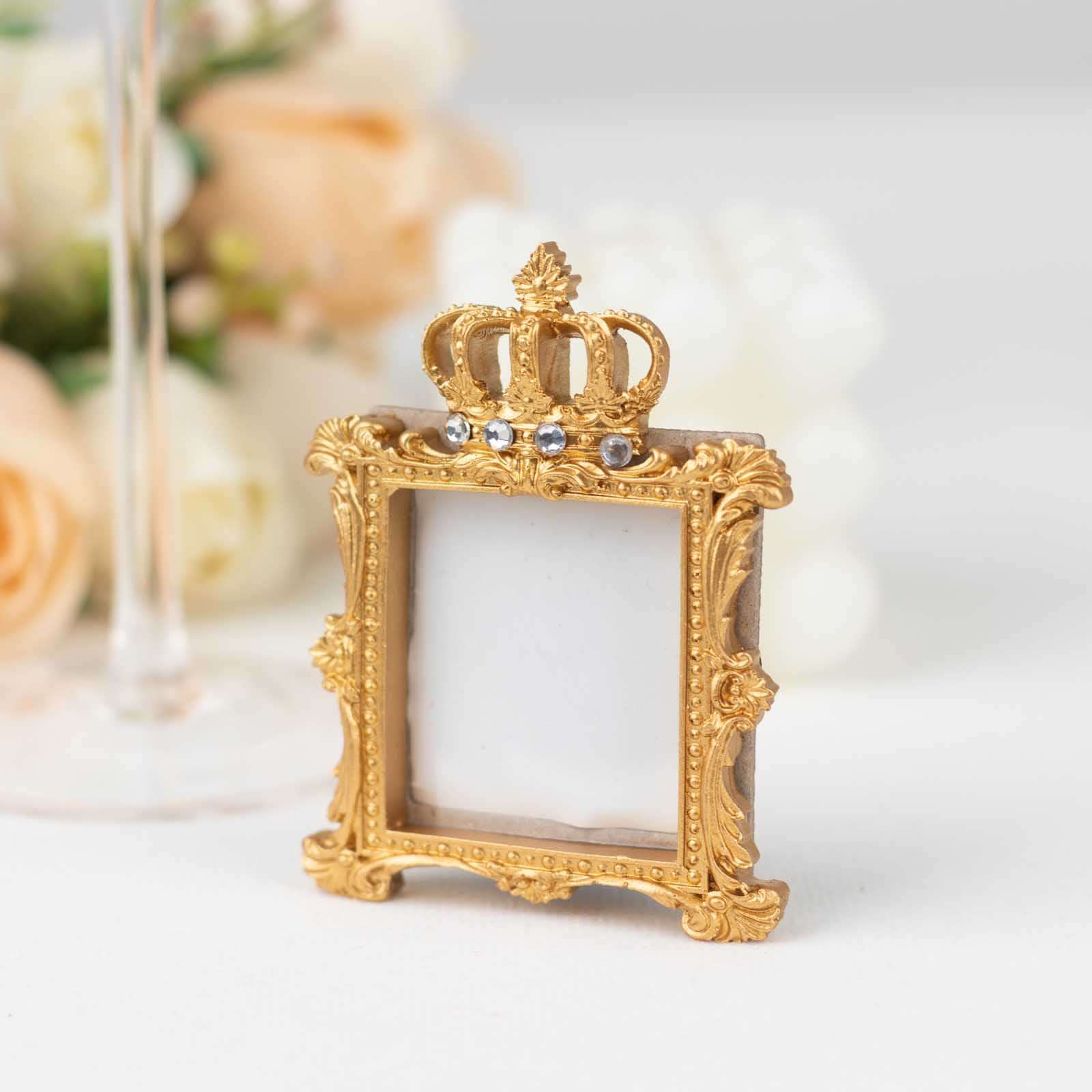 4-Pack Picture Frames Gold Resin Royal Crown Design Square - Baroque Wedding Place Card Holders & Party Favors 3.5"