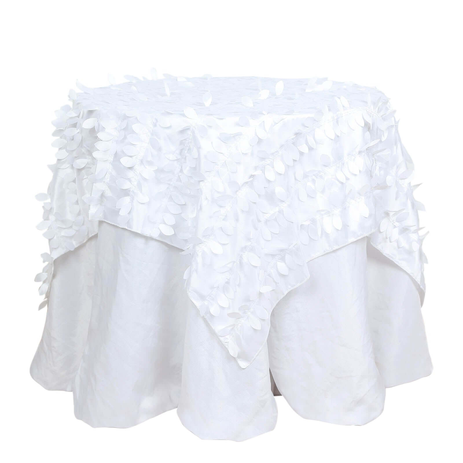 Taffeta 54"x54" Table Overlay Square Tablecloth White | Exquisite 3D Leaf Petal Design for Chic Wedding & Event Decor