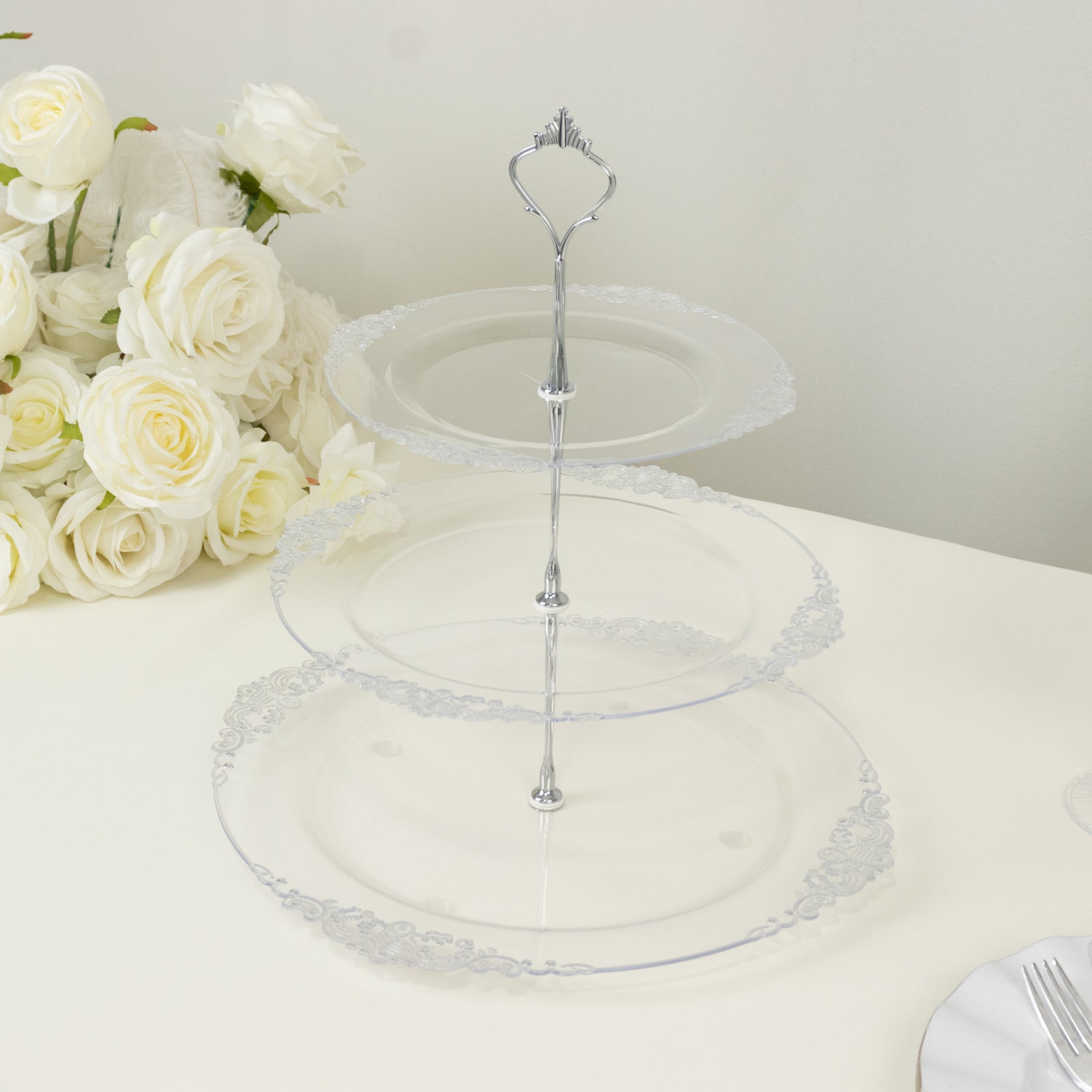 3-Tier Clear Plastic Cupcake Tower Stand with Silver Embossed Baroque Rim, 13" Round Cake Dessert Holder Display Stand Tiered Serving Tray with Top Handle