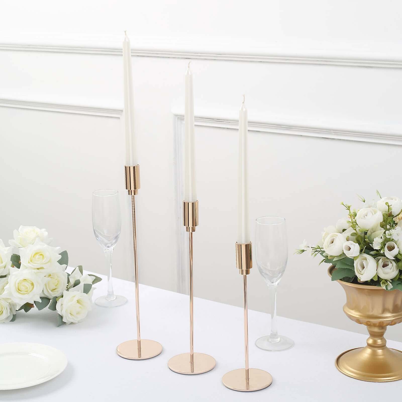 Set of 3 Taper Candle Stands Gold Metal Decorative Round Base Design - Wedding Table Accents 9", 10", 13"