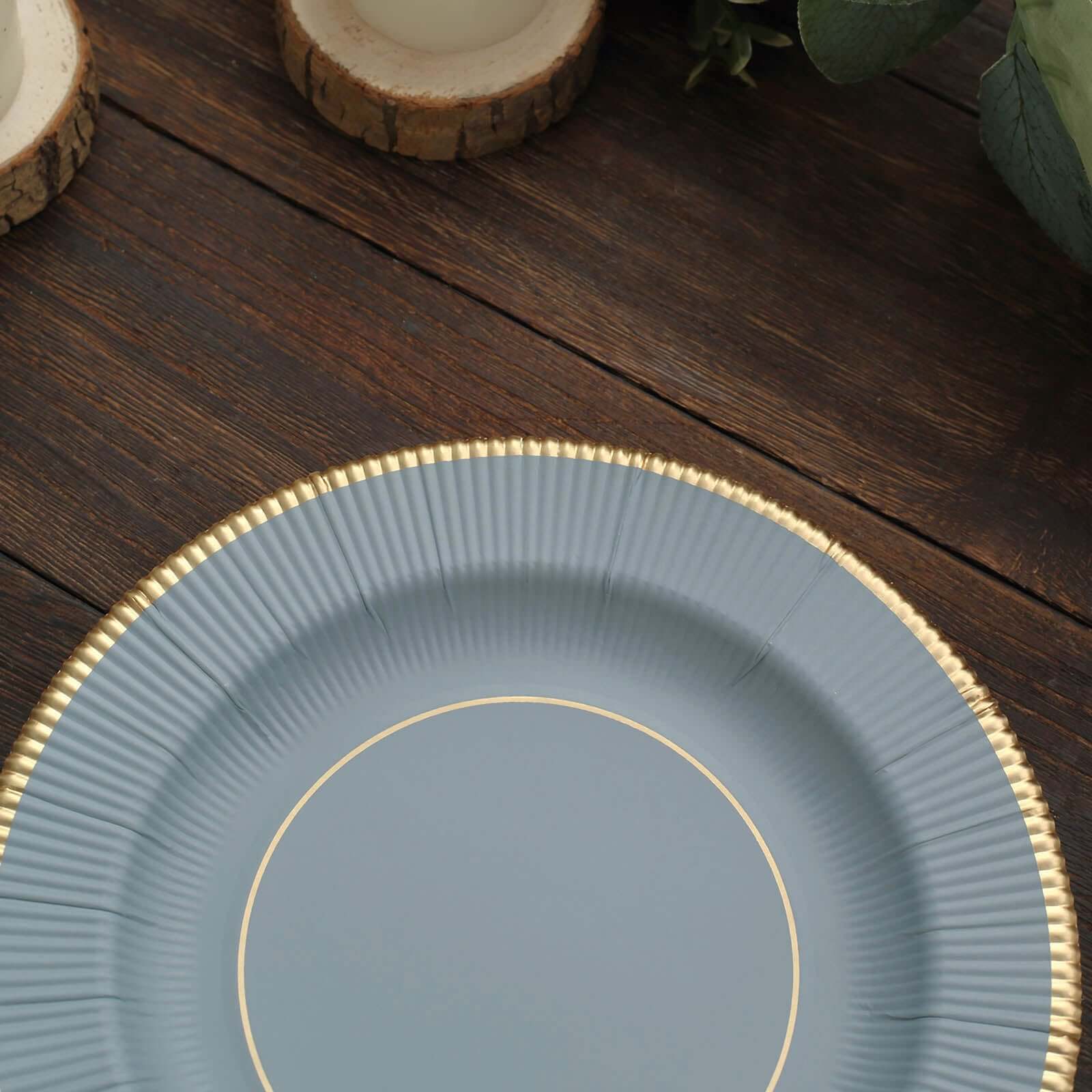 25-Pack Paper 8" Round Dessert Plates in Dusty Blue Sunray Design with Gold Rim - Disposable Heavy Duty 350GSM Appetizer Salad Plates