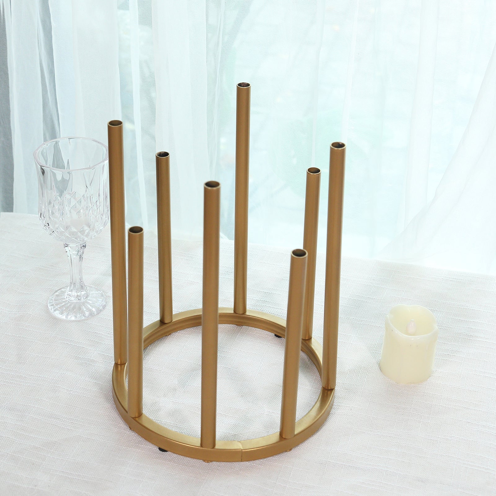 Flower Vase Gold Metal Minimalist 8-Tubes Round Base Design - Single Stem Bud Centerpiece for Arrangements 10"