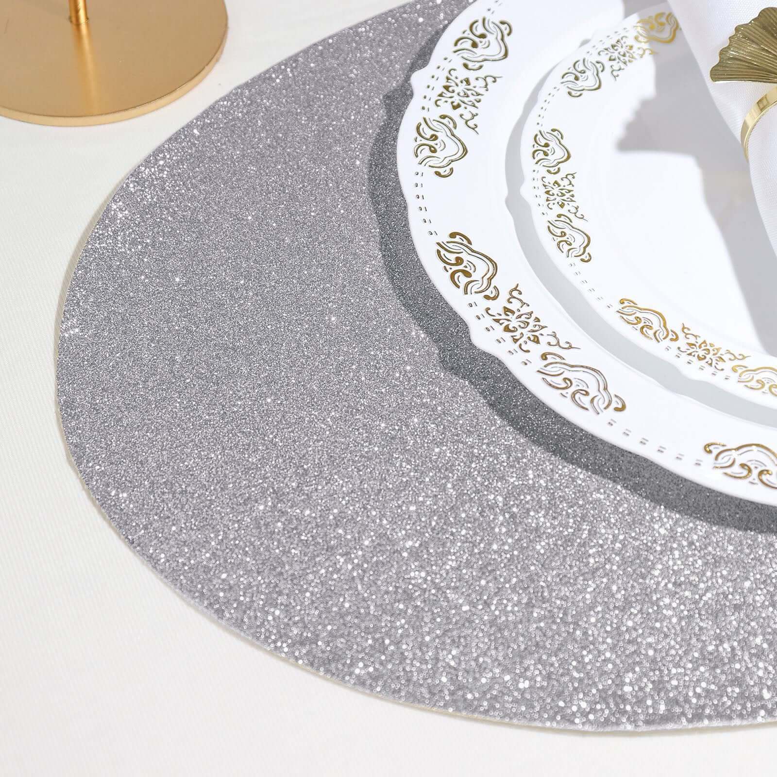 6-Pack Placemats Glitter Design Silver Sparkle Oval - Non-Slip Decorative Table Mats for Dining 12"x18"